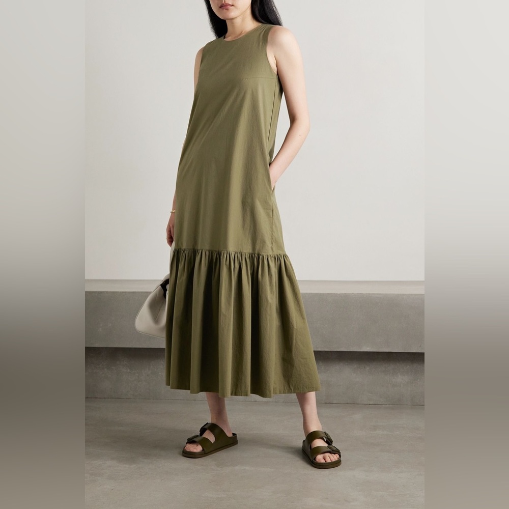 Gathered Tiered Cotton-poplin Midi Dress - Green